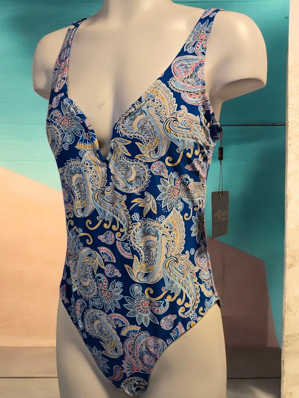 Nip Tuck Swim Blue Paisley One Piece Swimsuit US 6/8 NWT - Picture 2 of 6